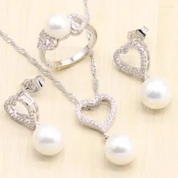 Collana Orecchini Set 925 Sterling Silver Pearl Heart White CZ Jewelry Ring Stud Pendant Gift For Women