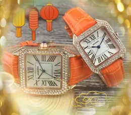 زوج روماني مربع مربع مشاهدة الأزياء الفاخرة الكريستال الماس خاتم الرجال النساء الأصلي حزام جلدي كوارتز كور للسيدات أنثى الذهب الذهب الفضة هدايا wristwatch