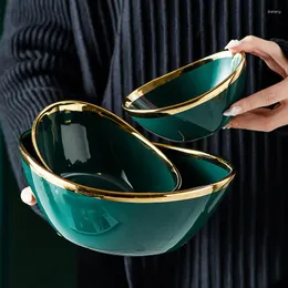 Bowls Nordic Luxury Green Glaze Ceramic In Gold Inlay Creative Salad Fruit Snack Soup Dessert Noodle Bowl Tray Kitchen Tableware