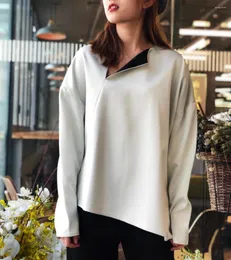 Women's Blouses Creme Montbel Asymmetrical Blouse V-neck Black Contrast Lining Drop Shoulder Lustrous Structured TOP Oversized Long Sleeves