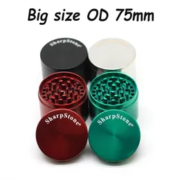 Big Size SharpStone Tobacco Grinders Smoke Accessroy 75mm 4 Partsherb Grinder Cnc Teeth Filter Net Dry Herb Vaporizer Pen 7 Colors for Dab Rig Bong