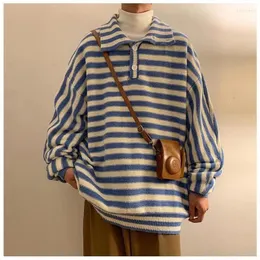 Men's Sweaters 2023 Winter Men's Fashionable Wool Sweater Thickened Lapel Collar Knitting Striped Printing Pullover Black/blue Color