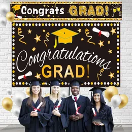 3x5 FT CONGRATS GRAD Banner Graduation Party Decorations Backdrop Theme Poster Black and Gold with Four Brass Grommets