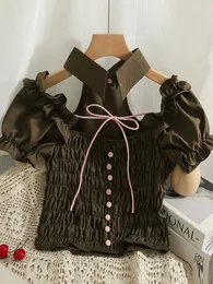 Damenblusen YornMona Frauen Gothic Weiß Schwarz Falten Crop Tops Vintage Französische Mode Knöpfe Design Schnür-Damenhemden