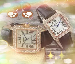 Couple Women Men Square Roman Dial Watch Genuine Leather Belt Full Diamonds Ring Quartz Movement Business Wristwatch Bracelet Valentine Gift orologio di lusso