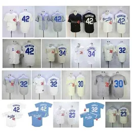 qqq8 Air01 Vintage Brooklyn 42 Jackie Robinson Jersey 23 Kirk Gibson 32 Sandy Koufax 34 Fernando Valenzuela 30 Maury Wills Retro Black White Grey