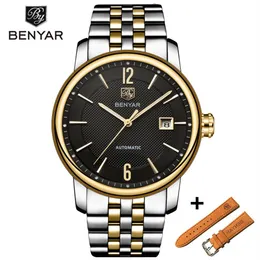 Benyar Fashion Top Top Luxury Brand Кожаный набор для часов автоматические мужские наручные часы Мужские механические стальные часы Relogio masculino303r