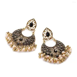 Stud Earrings Luxury Black Crystal Piercing Women's Vintage Bollywood Gold Color Carved Alloy Pendient