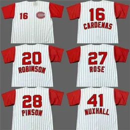 QQQ8 C202 CHICAGO 28 VADA PINSON 16 LEO CARDENAS 27 PETE ROSE 20フランクロビンソン41 Jo​​e Nuxhall Baseball Jersey Stitched