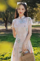 Abbigliamento etnico 2023 Cinese tradizionale stampa floreale Chiffon Cheongsam Novità Abito retrò Donna Collo alla coreana Manica corta Qipao