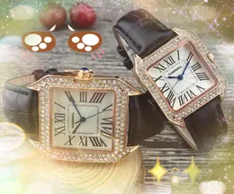 Kwadratowy rzymski pierścionek z brylantami zegarek kobiety mężczyźni skórzany pasek kwarcowy moda zegarki auto data tank seria mężczyzna prezenty zegarek na rękę