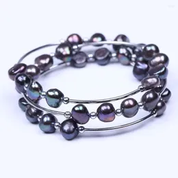 Link Bracelets 3 Layers Freshwater Pearl Bracelet Black Baroque 7-8mm Simple Fahion For Gifts