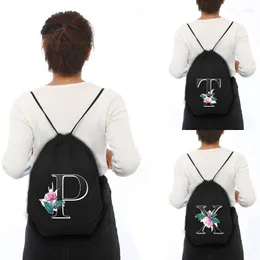 Shopping Bags Drawstring Bag Alphabet Flower Print Man And Women Backpack Women's Yoga Portable Black Childrens School