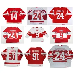 qqq8 Maglie da hockey vintage CCM 14 Brendan Shanahan 24 BOB PROBERT 55 LARRY MURPHY 9 Gordie Howe 91 Sergei Fedorov 20 REDMOND Rosso Bianco Taglia