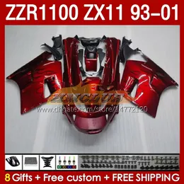 Bodys Kit för Kawasaki Ninja ZX-11 R ZZR1100 ZX-11R ZZR 1100 CC ZX11 ZX 11 R 11R 165NO.0 ZX11R 93 94 95 96 01 ZZR-1100 1997 1998 1999 2000 2001 Oem Full Fairing Metall Red