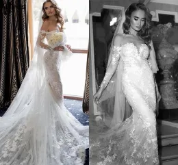 Projektantka koronkowa syrena sukienki ślubne suknia ślubna z aplikacji na ramię długie rękawy Niestandardowe zamiatanie pociągu vestidos de novia plus size