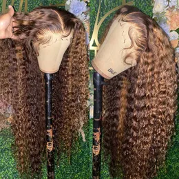 Długie #4/27 Podświetl kolorowe peruki ludzkie włosy Ombre Blonde Kinky Curly Lace Front Front Syntetyczna peruka dla czarnych kobiet