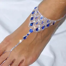 Anklets Stonefans Blue Royal Rhinestone Barefoot Anklet Sandal Wedding High Heels Toe Ring Bracelet On Leg Chain Jewelry