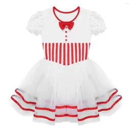 ステージウェアZdhoor Girls Lace Puff Sleeves Tutu Dancerwear Stripedフィギュアアイススケートドレスチッピングスナップレオタードドレス