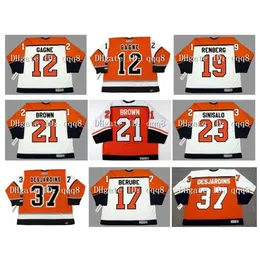 QQQ8 Jersey de hóquei personalizada vintage 12 Simon Gagne 19 Mikael Renberg 21 Dave Brown 23 Ilkka Sinisalo 37 Eric Desjardins 17 Craig Berube Orange