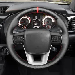 for Toyota Fortuner 2016-2019 Hilux 2015-2019 Hand-stitched Black Carbon Fiber Leather No-slip Soft Car Steering Wheel Cover