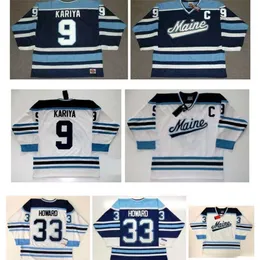 qqq8 Maglia vintage Maine Black Bears 9 KARIYA 33 Jimmy Howard Maglie da hockey con cuciture bianche blu