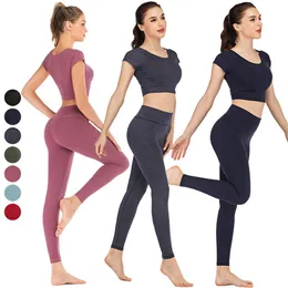 Kesintisiz kadınlar yoga seti kısa kollu top yüksek bel tozu tozluk sporu kıyafetleri spor takım elbise kısa spor salonu takım elbise fitness setleri 265q