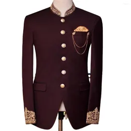 Men's Suits Burgundy Men Stand-up Collar Embroidry Formal Wedding Wear Evening Prom Blazer Custom Made Stage Costume Only Jacket