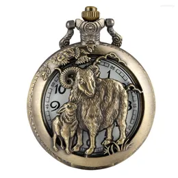 Taschenuhren, chinesisches Sternzeichen, Schaf, Bronze-Uhr, halb antik, Anhänger, Halskette, Fob-Kette, Retro-Uhr, Unisex-Geschenke