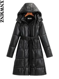 Women s Jackets XNWMNZ woman Faux Leather Thermal Hooded Cotton long coat with belt women chic Windproof Warm Female High Quality winter Coats 221231