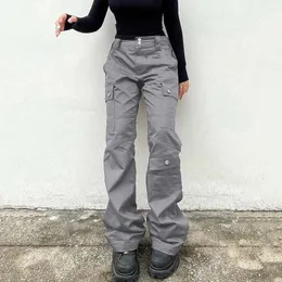 Kvinnor lastbyxor jeans multi ficka arbetskläder grå hög midja horn ben längd casual byxa kvinnliga svettbyxor