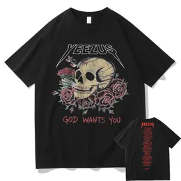 Męskie koszulki Bóg chce, abyś czaszka róża kwiat graficzna graficzna koszulka graficzna top mężczyźni kobiety Hip Hop Street T Shirt Black Streetwear Man T-shirty T230103