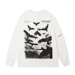 Herren T -Shirts Harajuku T -Shirts Vögel Krähendruck Langarm Tees Hip Hop Mode Cotton Casual Streetwear Tops