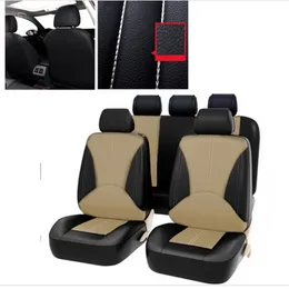 9-teiliger PU-Leder-Autositzbezug, kompletter Satz vorne und hinten, Sitzkissen, Mattenschutz, Schwarz, Beige
