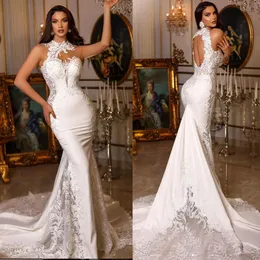 Eleganckie koronkowe sukienki ślubne syreny Vintage High Scyk Backless Suknia ślubna