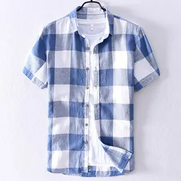 Mäns casual skjortor design kortärmad linne plädskjorta män märke Italien mode för kläder kemise camisas de hombre