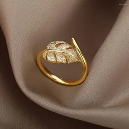 Ringos de cluster Fashion Palm Leaf Shape para mulheres Aço inoxidável Color de ouro zircão ajustável Anel de dedo Jóias Gift Bijoux femme