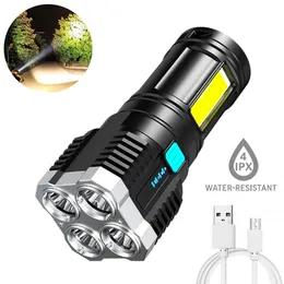 Superhelle Taschenlampe mit 4 LEDs, wiederaufladbar, multifunktional, wasserdicht, LED-Langstreckenscheinwerfer mit Batterieanzeige, COB-Licht