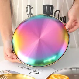 Plates Stainless Steel Round Dining Plate Steak Fruit Cake Colorful Orient Tray Easy Clear For Kitchen 1Pc Silver