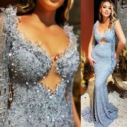 Aso Arabic Ebi Sier Mermaid Prom Dresses Crystals Beaded Evening Formal Party Second Reception Exection Gowns Dress ZJ