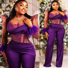 2023 Arabic Aso Ebi Purple Purpleme Suits Promply Prompes Beaded Feather Evening Formal Wart