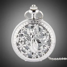 TFO Pocket Watch Silver Hollow Petals المحيطة بالرقص حورية البحر تصميم قلادة أزياء الأزياء قلادة 243C