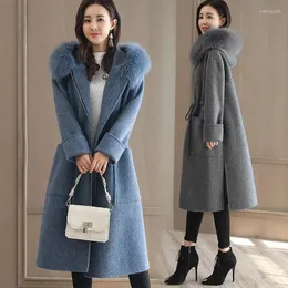 Wool da donna 2023 Fashion Solid Women Solid Coat Long Coat Slim Zipper Giacca tasche per pelliccia Cashmere blu e