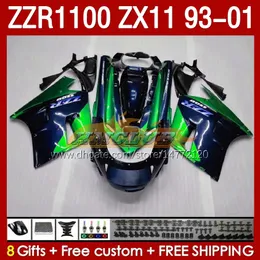 Body for Kawasaki Ninja ZX-11 R ZX-11R 93 01 ZZR1100 1993 1994 1995 1996 1997 165no.136 ZZR-1100 ZX 11 R 11R ZX11 R ZZR 1100 CC ZX11R 1998 1999 2000 2001 Обтекание синий зеленый