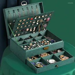 Jewelry Pouches Retro Multilayer Dark Green Box Flannel Earring Storage Case High Capacity Casket With Lock