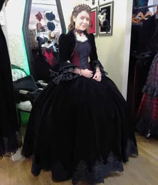 Vintage viktoriansk svart gotisk bollklänning bröllopsklänningar med sammet flare långa ärmar jacka spets applikation två stycken golvlängd halloween maskerad klänning