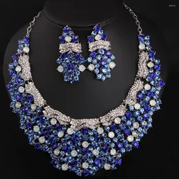 Серьги для ожерелья устанавливают ретро -голубые стразы Хрустальная серьга для женщин подвесные ювелирные аксессуары женское платье свадебное банкетное подарок
