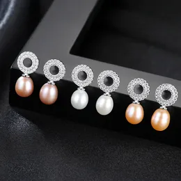 العلامة التجارية Zircon Ring Freshwater Pearl S925 Silver Stud أقراط المجوهرات أزياء مثير للنساء عن أقراط حفل زفاف