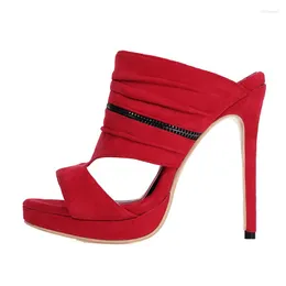 슬리퍼 여름 섹시 레드 핑크 여자 신발 2023 스웨이드 여자 펌프 하이힐 샌들 스틸레토 12 cm 큰 크기 30-48