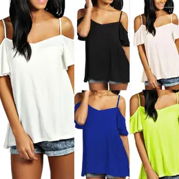 Dames Tanks Mode T-shirts 2023 Zomer Sexy Dames Bretels Korte mouw Off-shoulder Effen Stretch Top Tees Blusas Vesten Voor